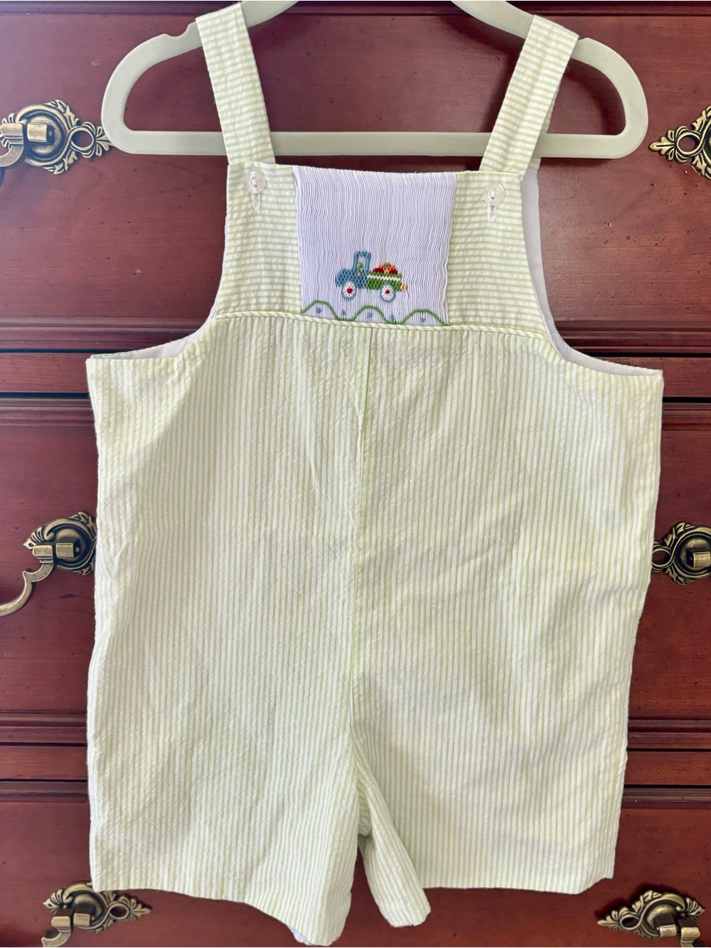 NWOT Little English Boy’s 3t Green Seersucker Shortalls with Embroidered Truck